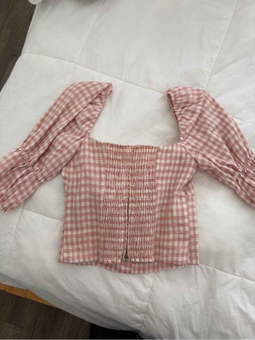 Reformation Blush Gingham Square-Neck Puff Sleeve Crop Top